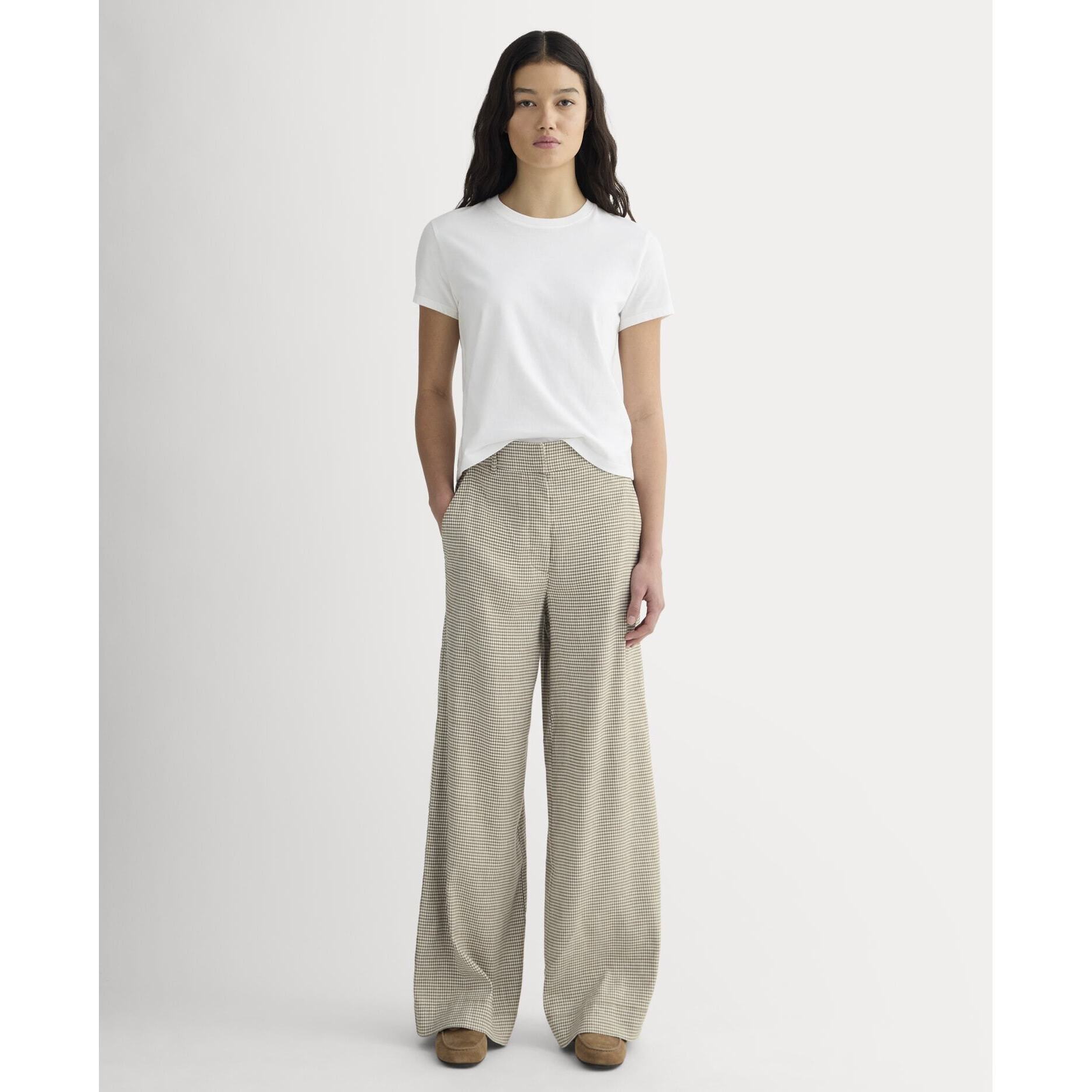 Everlane Women's Wide-Leg Pant In Stretch Linen In Deep Taupe Mini Gingham, Siz